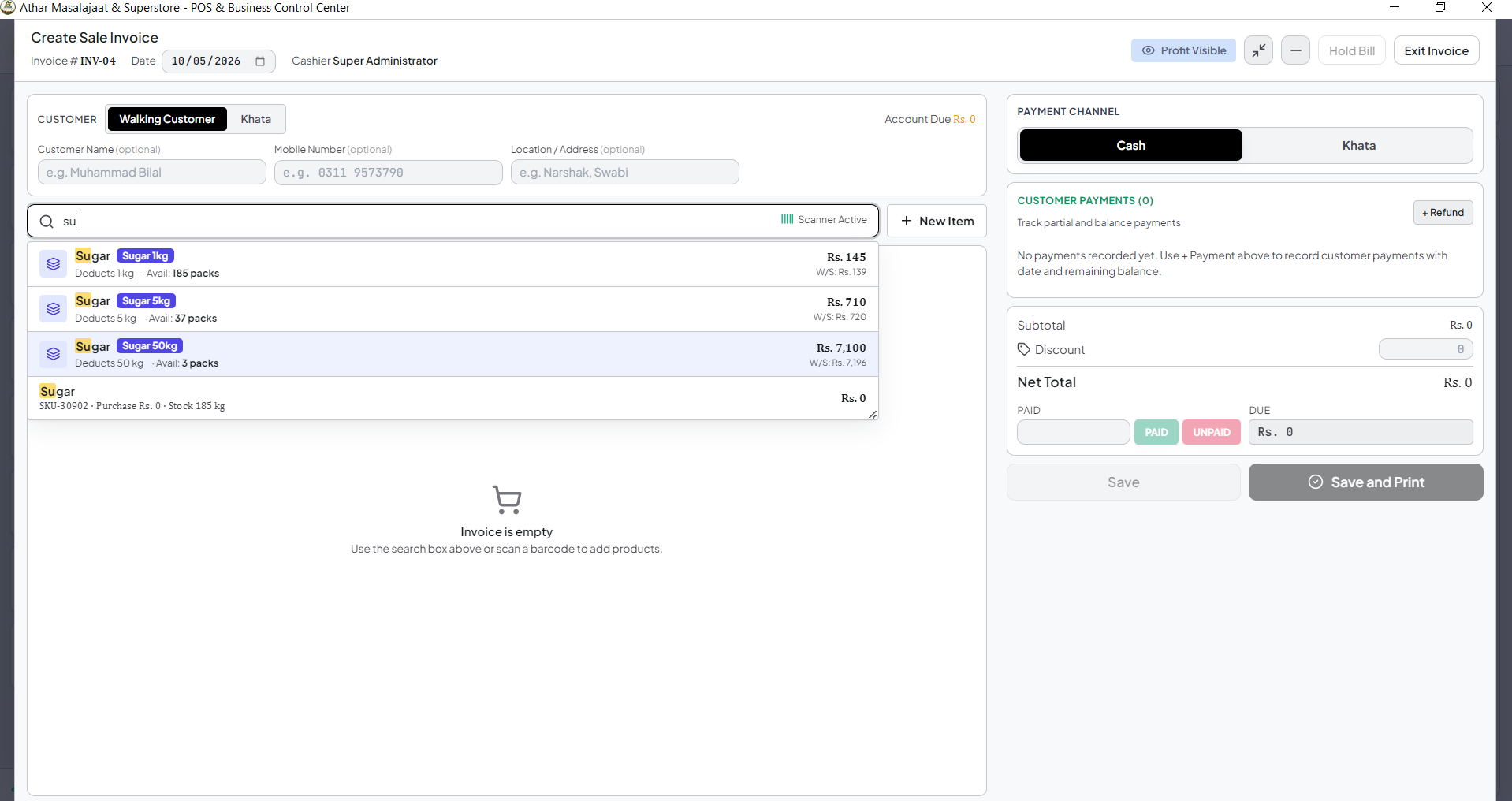 AMS live sale invoice screen with barcode search and payment channels
