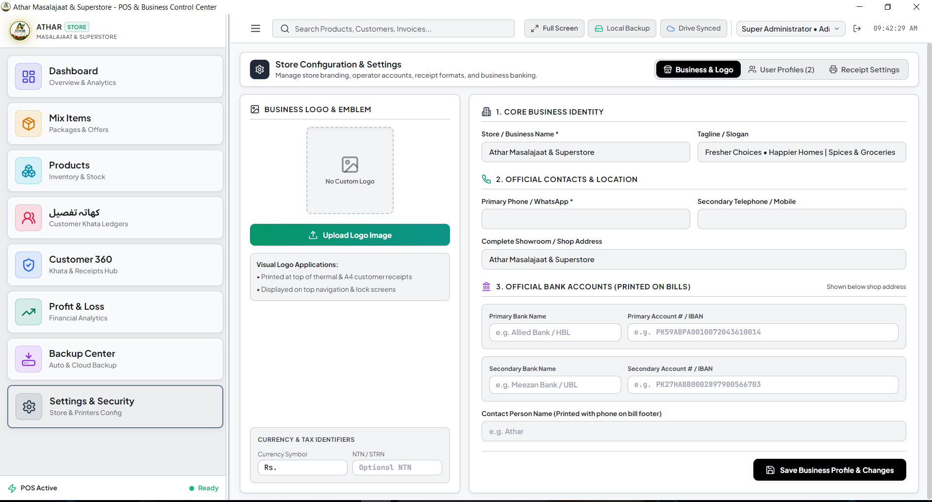 AMS store configuration with business branding and bank accounts