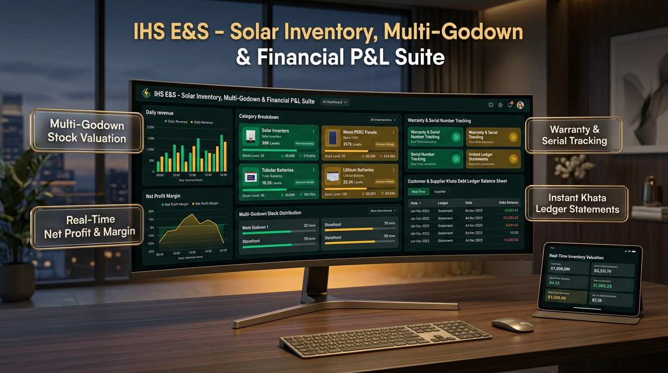 IHS E&S solar inventory, multi-godown stock and financial P&L suite
